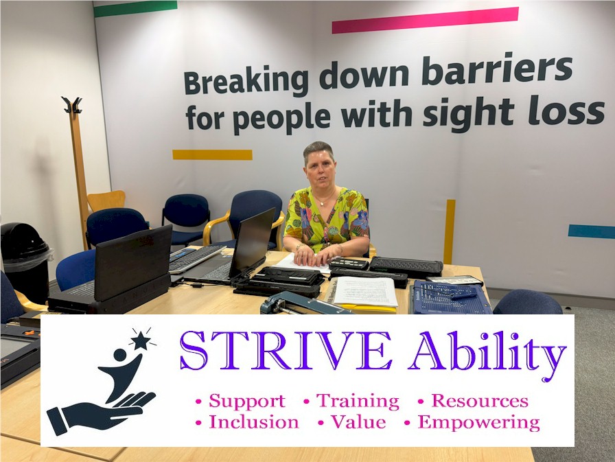 STRIVE Ability - Support, Training, Resources, Inclusion, Value, Empowering, Ability - Our logo is an outstretched hand supporting a person whilst reaching up for a star. Picture shows Jackie running a workshop as part of her STRIVE Ability business. She is wearing a brightly coloured dress and is sitting at a table reading some Braille notes surrounded by several assistive technology devices for blind and visually impaired users. Behind Jackie is a poster on the wall that reads: Breaking Down Barriers.